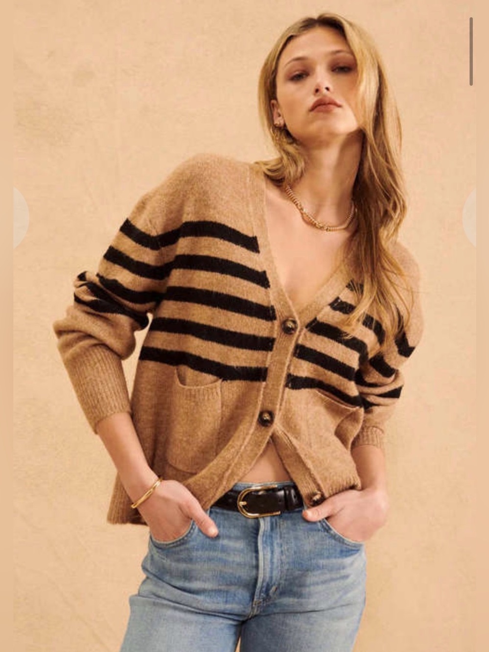 John + Jenn Tan and Black Striped V-Neck Button Cardigan -Sz S